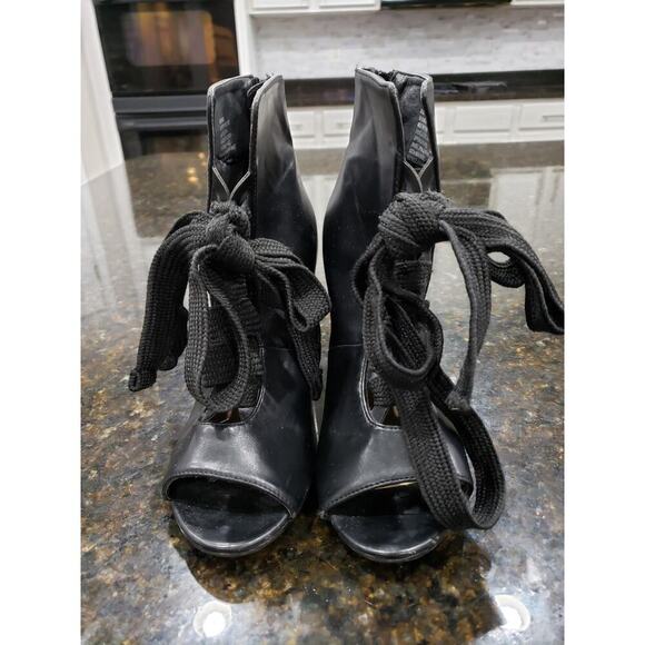 Just Fab Ankle Wrap Booties Women's 8 Black Leather Harper Peep Toe Back Zip - Picture 1 of 11